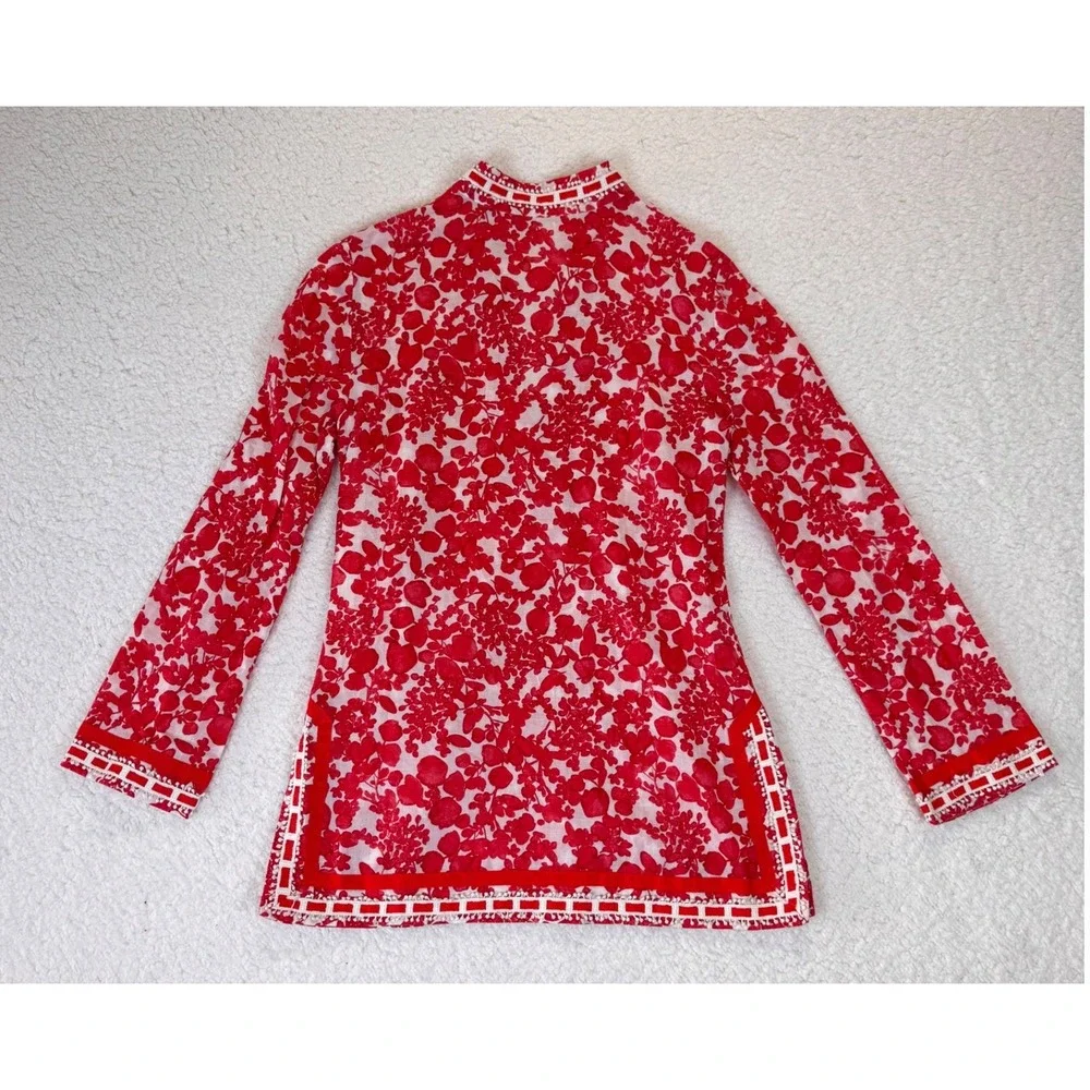 Tory Burch Red White Floral Cotton Tunic Top Split‎ Neck Embroidered Size 2